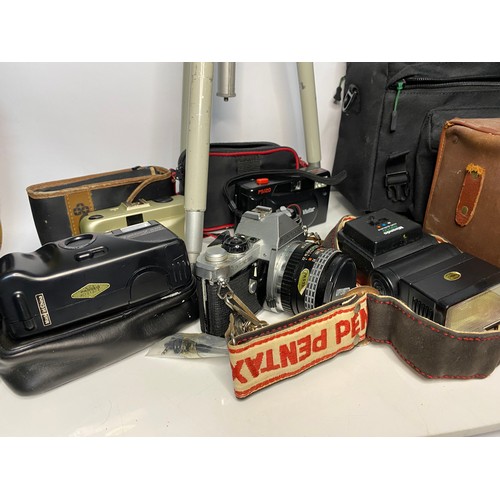 281 - Selection of vintage cameras and accessories including Pentax ME super, various lenses and a Velbon ... 