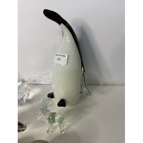 326 - Selection of glass paperweights and glass animals, including large penguin.