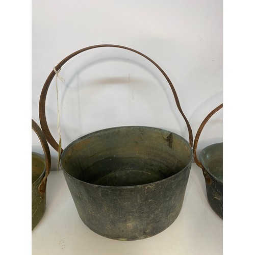 86 - 3 x antique brass jampots, largest measuring 41 cms height including handle