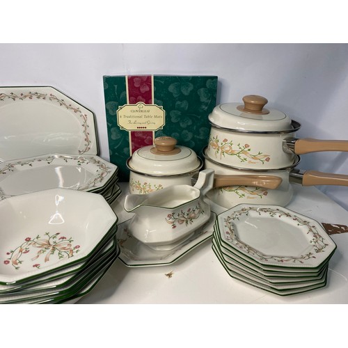 112 - Selection of Eternal Beau dinner ware. 6 plates 6 side plates serving plates and dishes, 3 pan set.