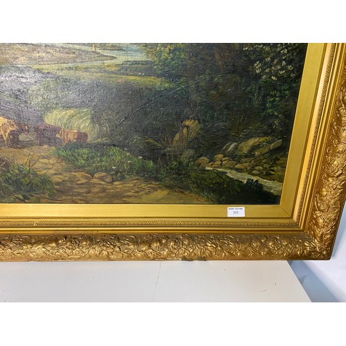 202 - Framed landscape artwork in gold ornate frame measuring 120 x 84 cms,