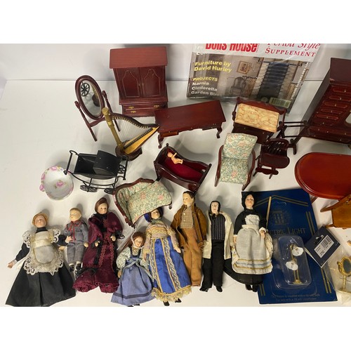 354 - Selection of dolls house furniture, porcelain dolls and sundries