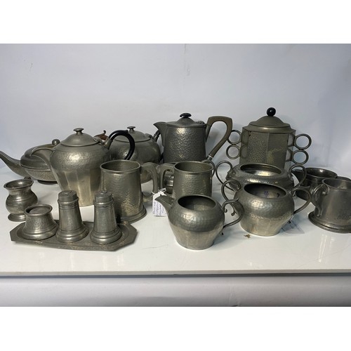 395 - Selection of pewter ware including teapots and jugs.