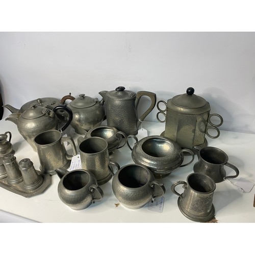 395 - Selection of pewter ware including teapots and jugs.