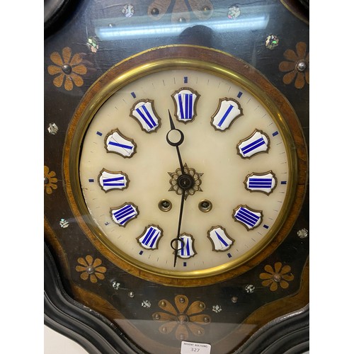 327 - Antique French wall clock with enamel numbers and some Mother of Pearl inlay. No key measuring 62 cm... 