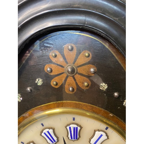 327 - Antique French wall clock with enamel numbers and some Mother of Pearl inlay. No key measuring 62 cm... 