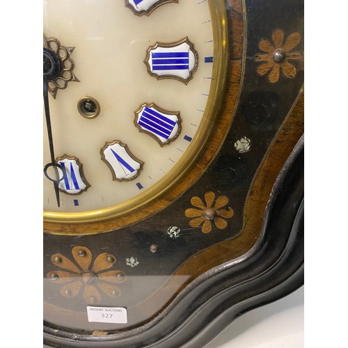 327 - Antique French wall clock with enamel numbers and some Mother of Pearl inlay. No key measuring 62 cm... 