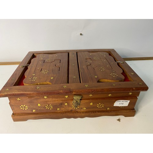 374 - Wooden box with a selection of curios