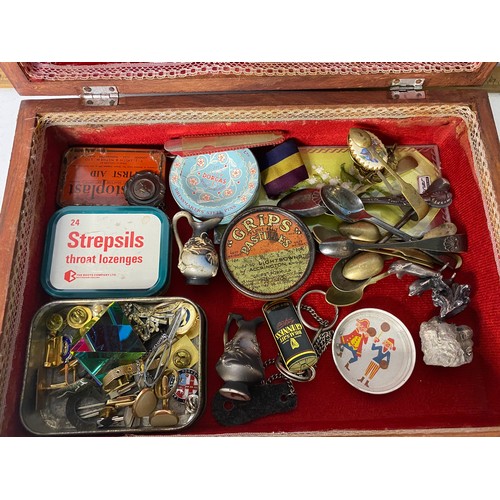 374 - Wooden box with a selection of curios