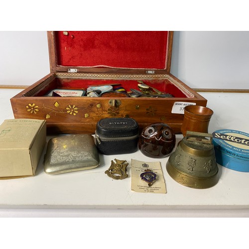 374 - Wooden box with a selection of curios