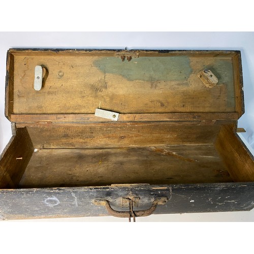 396 - Vintage wooden tool box with initials PM, metal handle and clasp 74 x 18 x 29cms