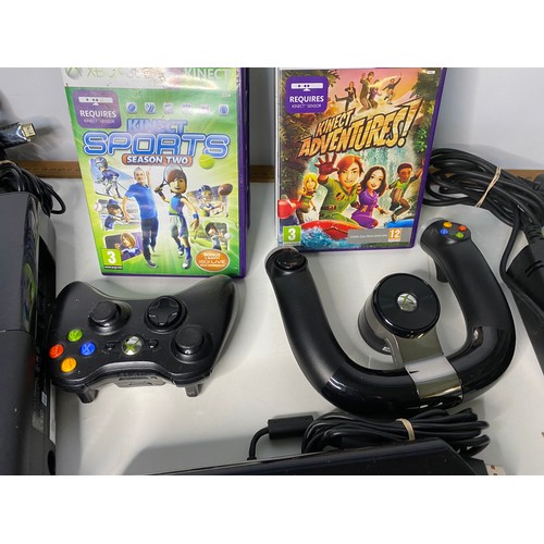 409 - X-Box 360 E console with controller, Kinect sensor, wireless speed wheel and 12 games. Fully tested ... 