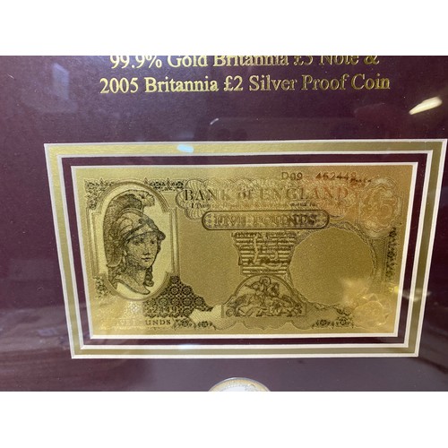 436 - Limited edition framed note and coin, 99.9% Gold Brittania £5 note and 2005 Britannia £2 silver proo... 