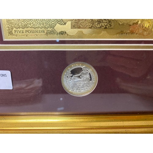 436 - Limited edition framed note and coin, 99.9% Gold Brittania £5 note and 2005 Britannia £2 silver proo... 