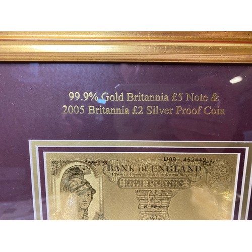 436 - Limited edition framed note and coin, 99.9% Gold Brittania £5 note and 2005 Britannia £2 silver proo... 