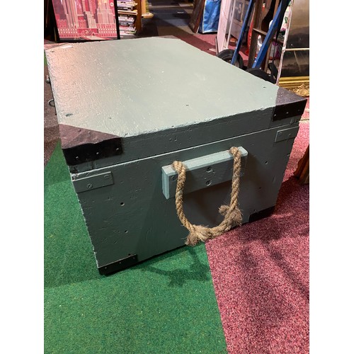 440 - Wooden toolbox with rope handles and metal corners measuring 74 x 48 cms