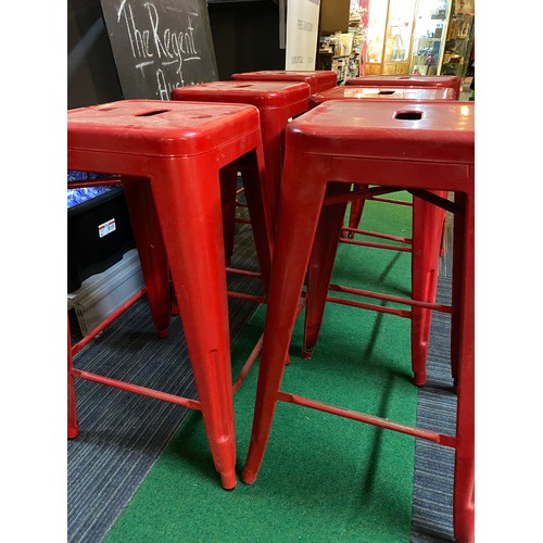 444 - Set of 6  x red high bar stools measuring 66 cms tall