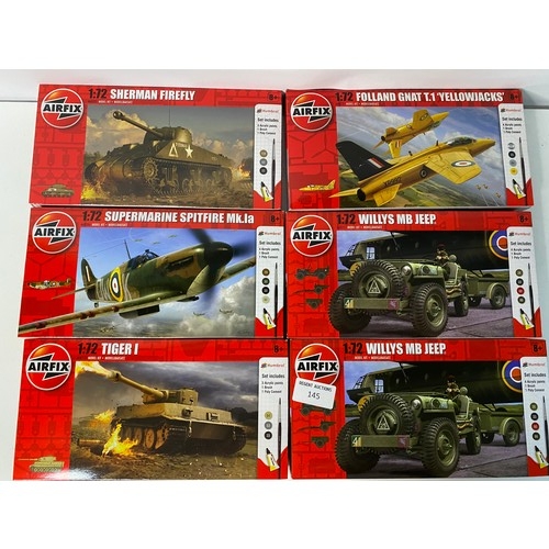 145 - 6 x boxes of Airfix model planes, trucks and tanks.