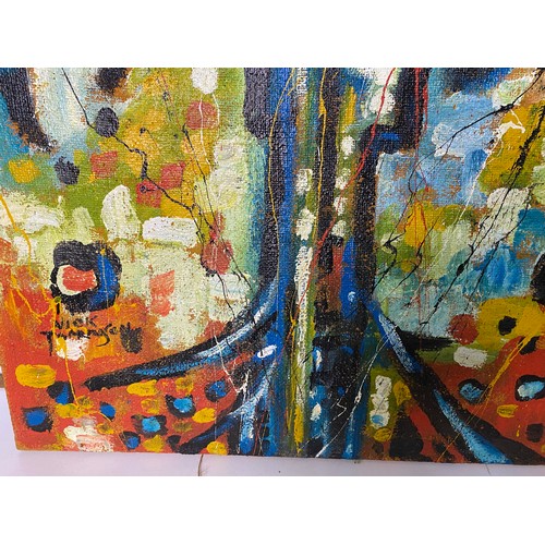 608 - Large abstract retro oil on hessian original signed artwork by Nick Tomlinson measuring 118 x 65 cms