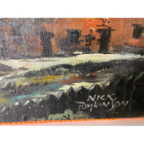 610 - Original signed oil on hessian mounted on board by Nick Tomlinson of Lancashire scene measuring 62 x... 