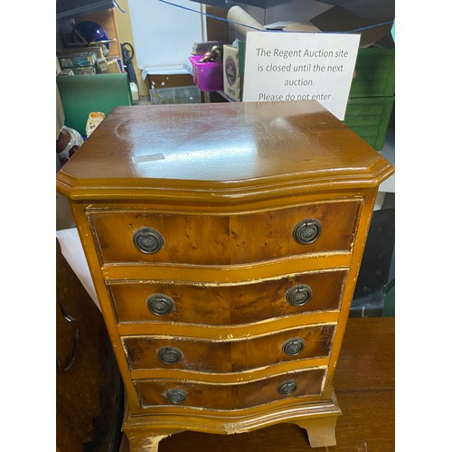 753 - Ornate bedside cabinet in yew wood with 4 drawers in need of tlc measuring 42 x 61 cms