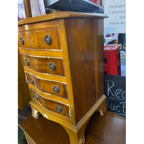 753 - Ornate bedside cabinet in yew wood with 4 drawers in need of tlc measuring 42 x 61 cms