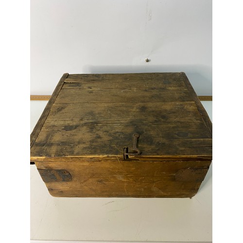 742 - Old wooden box containing vintage crown green bowls