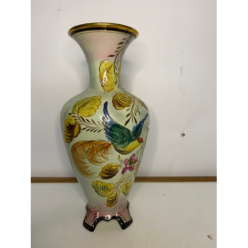 946 - Vintage Hubert Bequet Quaregnon Belgian hand painted vase in a Bird of Paradise design measuring 38 ... 
