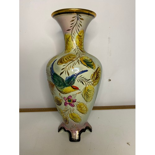 946 - Vintage Hubert Bequet Quaregnon Belgian hand painted vase in a Bird of Paradise design measuring 38 ... 