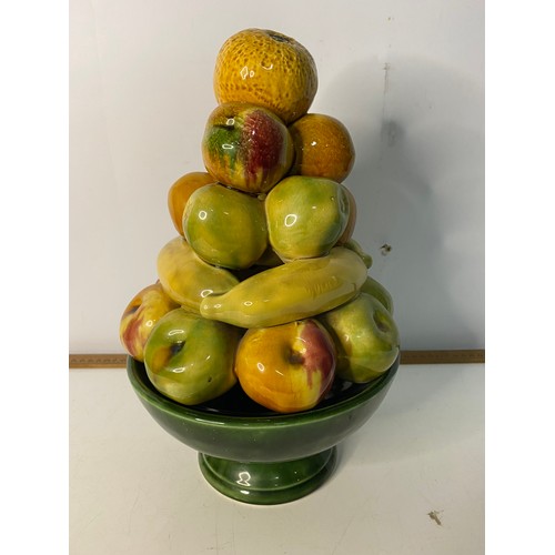 948 - Mid Century Portuguese Majolica bowl of fruit centerpiece measuring 34 cms tall