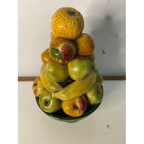 948 - Mid Century Portuguese Majolica bowl of fruit centerpiece measuring 34 cms tall