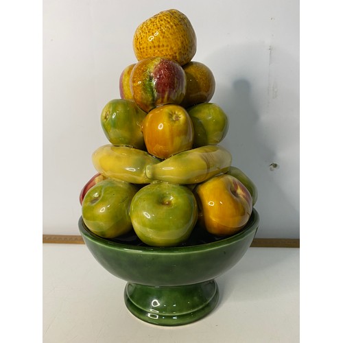 948 - Mid Century Portuguese Majolica bowl of fruit centerpiece measuring 34 cms tall