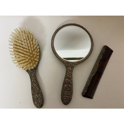 775 - Silver plated dressing table set comprising brush, mirror and comb