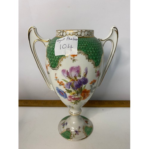 104 - A Limoge handpainted Empire Vase, an Art Nouveau handpainted vase and a Rudolstadt Dresden lidded Ur... 