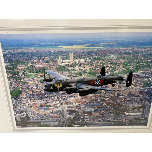 501 - Framed signed print by Richard Winslade entitled Lancaster Over Lincoln. WW11 Lancaster Bomber image... 