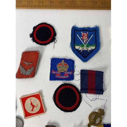 9 - Selection of militaria including cap badges, medals and patches.