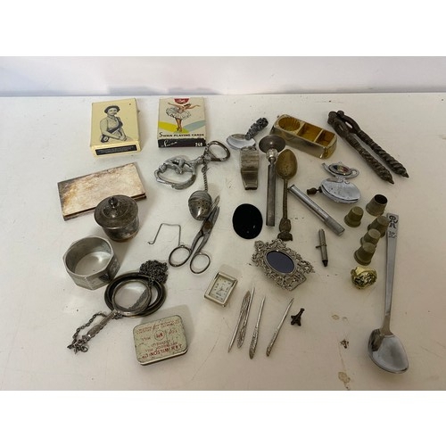 Box of assorted curios, including nut crackers, spoons, thimbles and ...