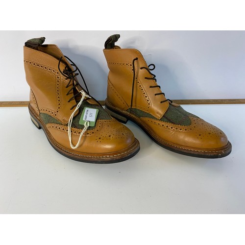 577 - Samuel Windsor tan leather boots in brogue design with tweed inlay, size 10.