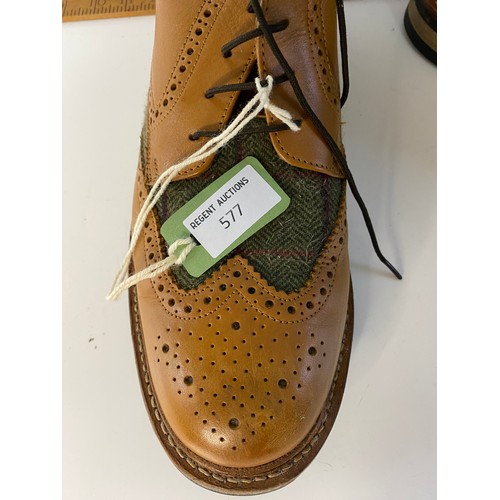 577 - Samuel Windsor tan leather boots in brogue design with tweed inlay, size 10.