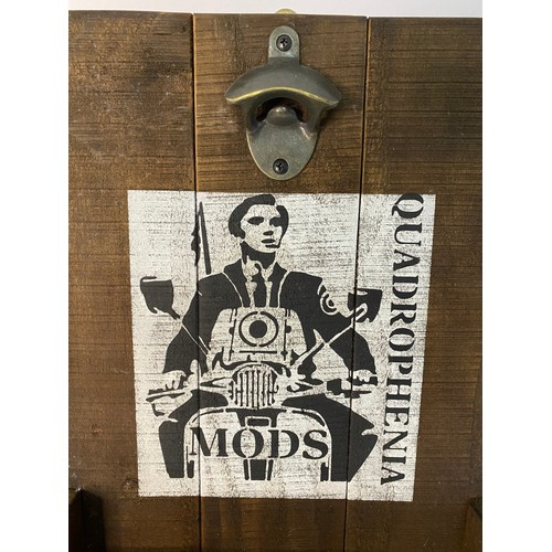 584 - Quadrophenia Mods Brighton '64, wooden wall plaque bottle opener, 38 cm by 28 cm.