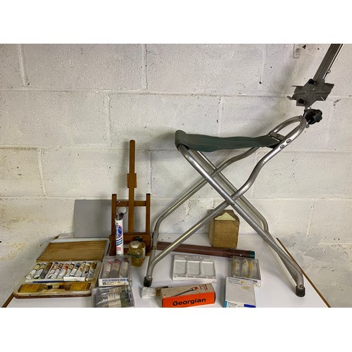 731 - Frank Herring folding aluminium chair and easel and selection of accessories, oils, brushes etc