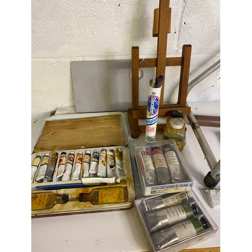 731 - Frank Herring folding aluminium chair and easel and selection of accessories, oils, brushes etc