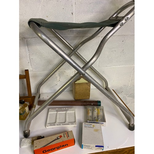 731 - Frank Herring folding aluminium chair and easel and selection of accessories, oils, brushes etc