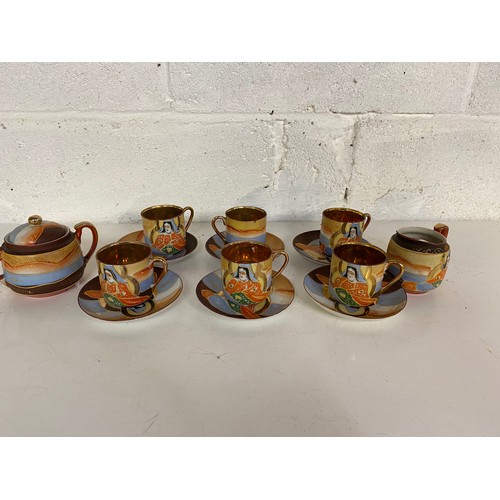 766 - Japanese Samurai coffee set comprising 6 mugs and saucers, milk and sugar bowl