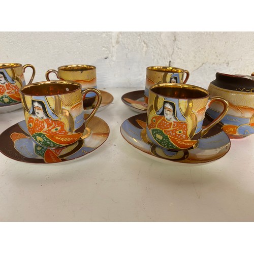 766 - Japanese Samurai coffee set comprising 6 mugs and saucers, milk and sugar bowl