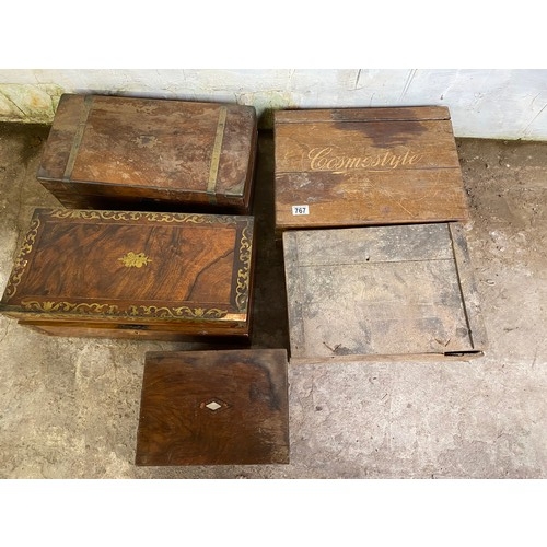 767 - Collection of vintage wooden boxes including printing press, writing slopes etc in need of tlc