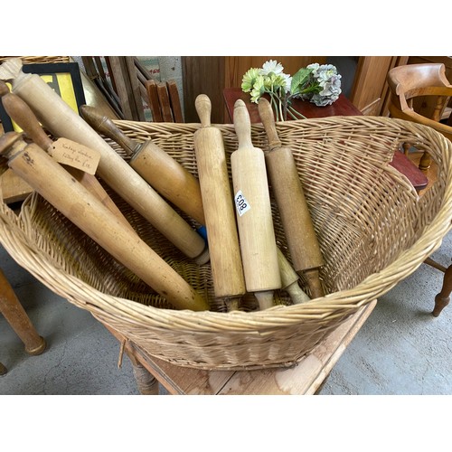 803 - Vintage wicker basket with collection of 8 x rolling pins