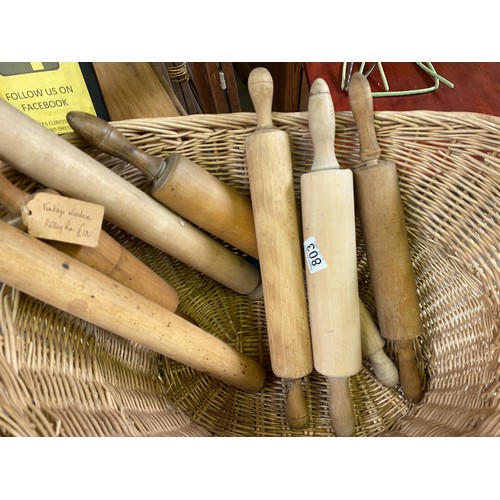 803 - Vintage wicker basket with collection of 8 x rolling pins