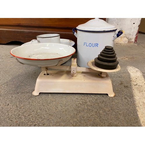 806 - Selection of kitchen enameled items including scales with weights