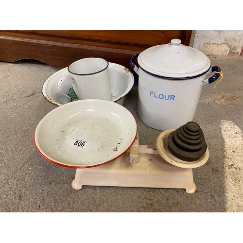 806 - Selection of kitchen enameled items including scales with weights